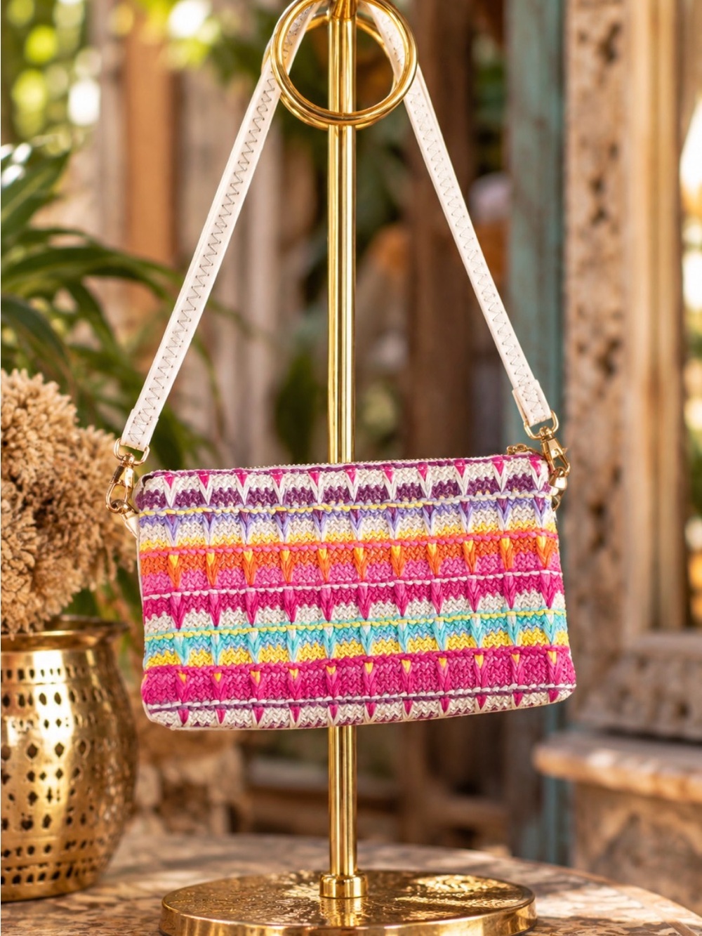 Caroline Hill Colorful Woven Crossbody Bag with White Strap